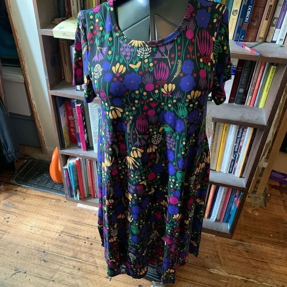 Lularoe bright floral print artsy travel comfortable high low S dress